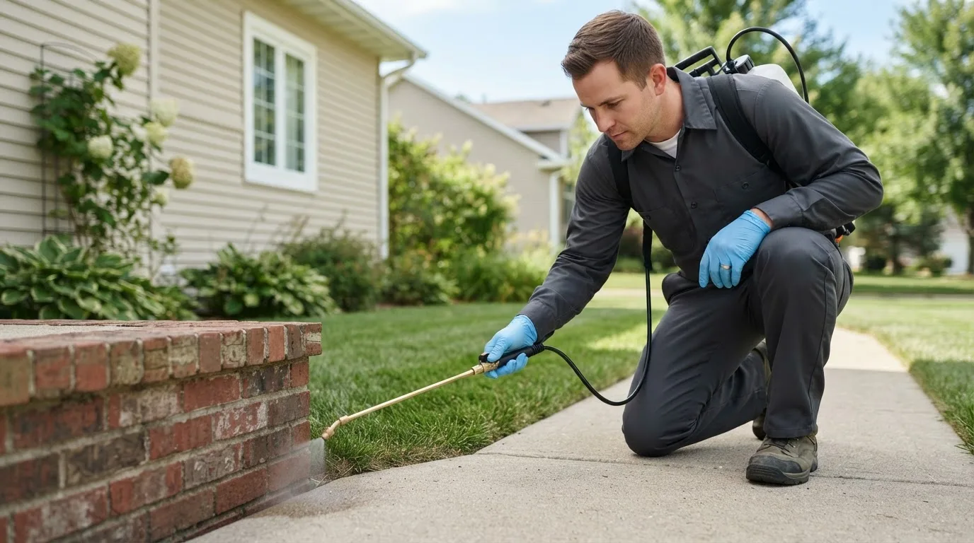 Pest control technician treating a home near Urbana, IL