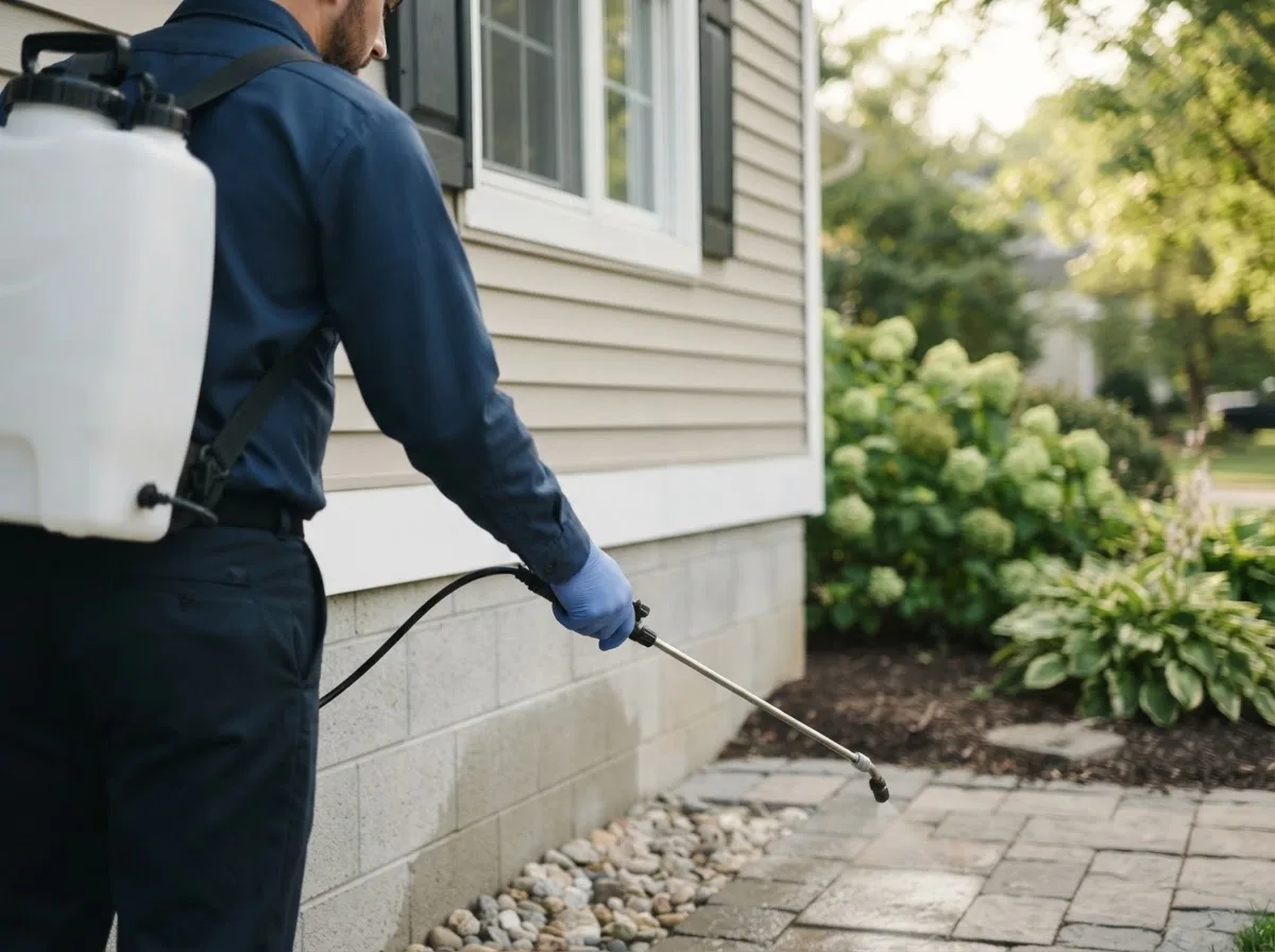 Pest control technician inspecting a home in Urbana, IL